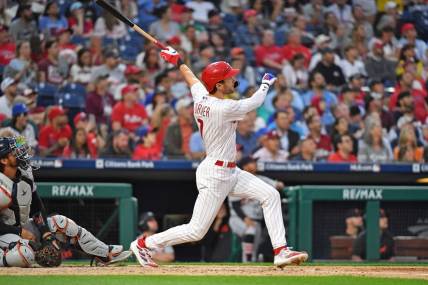 Jun 5, 2023; Philadelphia, Pennsylvania, USA; Philadelphia Phillies shortstop Trea Turner (7) hits his second home run of the game against the Detroit Tigers during the fifth inning at Citizens Bank Park. Mandatory Credit: Eric Hartline-USA TODAY Sports