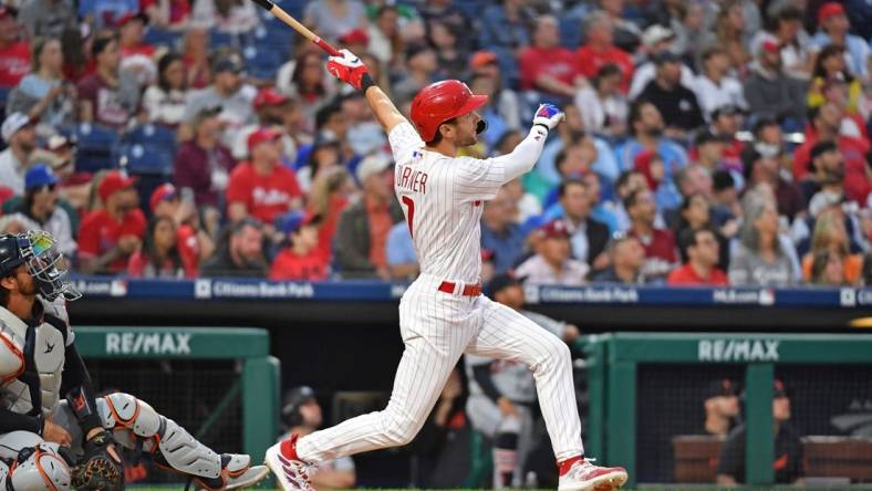 Jun 5, 2023; Philadelphia, Pennsylvania, USA; Philadelphia Phillies shortstop Trea Turner (7) hits his second home run of the game against the Detroit Tigers during the fifth inning at Citizens Bank Park. Mandatory Credit: Eric Hartline-USA TODAY Sports