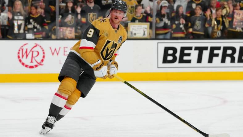 Jun 5, 2023; Las Vegas, Nevada, USA; Vegas Golden Knights center Jack Eichel (9) warms up before the game against the Florida Panthers in game two of the 2023 Stanley Cup Final at T-Mobile Arena. Mandatory Credit: Stephen R. Sylvanie-USA TODAY Sports