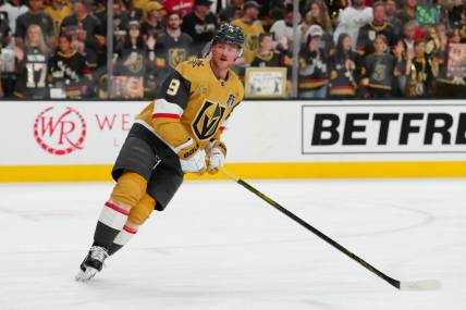 Jun 5, 2023; Las Vegas, Nevada, USA; Vegas Golden Knights center Jack Eichel (9) warms up before the game against the Florida Panthers in game two of the 2023 Stanley Cup Final at T-Mobile Arena. Mandatory Credit: Stephen R. Sylvanie-USA TODAY Sports