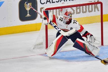 Jun 5, 2023; Las Vegas, Nevada, USA; Florida Panthers goaltender Sergei Bobrovsky (72) blocks a shot in the first period in against the Vegas Golden Knights  game two of the 2023 Stanley Cup Final at T-Mobile Arena. Mandatory Credit: Gary A. Vasquez-USA TODAY Sports