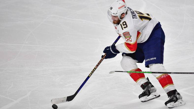 Jun 5, 2023; Las Vegas, Nevada, USA; Florida Panthers left wing Matthew Tkachuk (19) skates with the puck in the second period against the Vegas Golden Knights in game two of the 2023 Stanley Cup Final at T-Mobile Arena. Mandatory Credit: Gary A. Vasquez-USA TODAY Sports