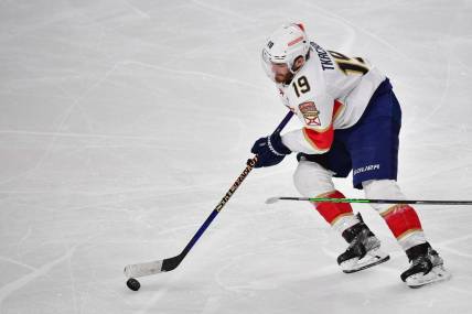 Jun 5, 2023; Las Vegas, Nevada, USA; Florida Panthers left wing Matthew Tkachuk (19) skates with the puck in the second period against the Vegas Golden Knights in game two of the 2023 Stanley Cup Final at T-Mobile Arena. Mandatory Credit: Gary A. Vasquez-USA TODAY Sports
