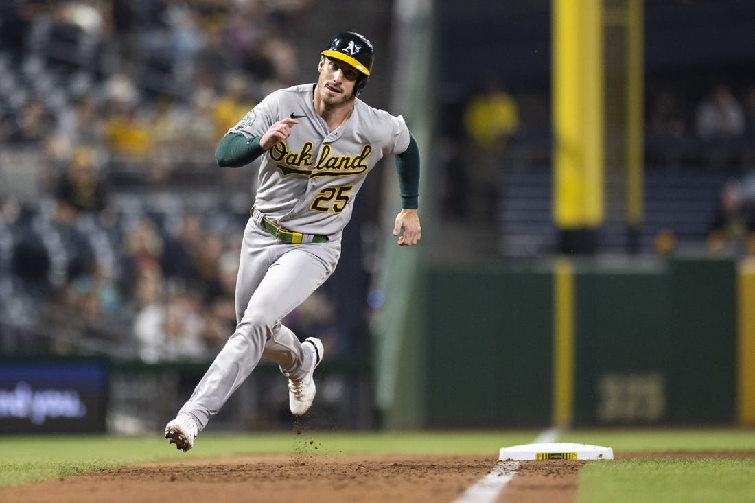 Jun 5, 2023; Pittsburgh, Pennsylvania, USA;  Oakland Athletics designated hitter Brent Rooker (25) runs toward home plate to score during the eighth inning against the Pittsburgh Pirates at PNC Park. Mandatory Credit: Scott Galvin-USA TODAY Sports