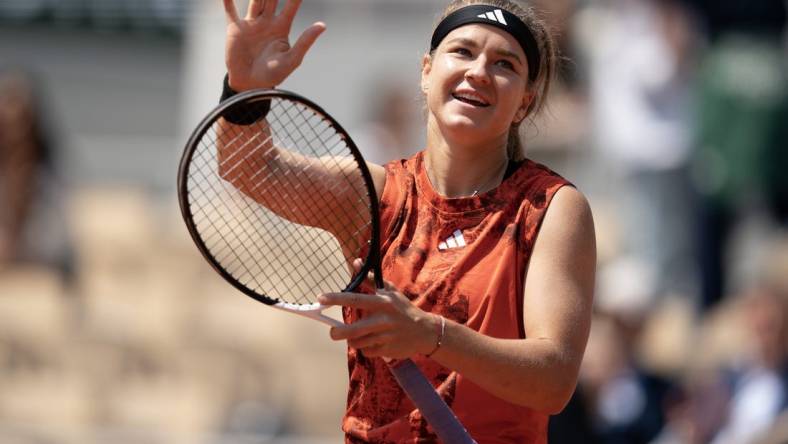 Jun 6 2023; Paris,France; Karolina Muchova (CZE) celebrates winning her match against Anastasia Pavlyuchenkova  on day 10 at Stade Roland-Garros. Mandatory Credit: Susan Mullane-USA TODAY Sports