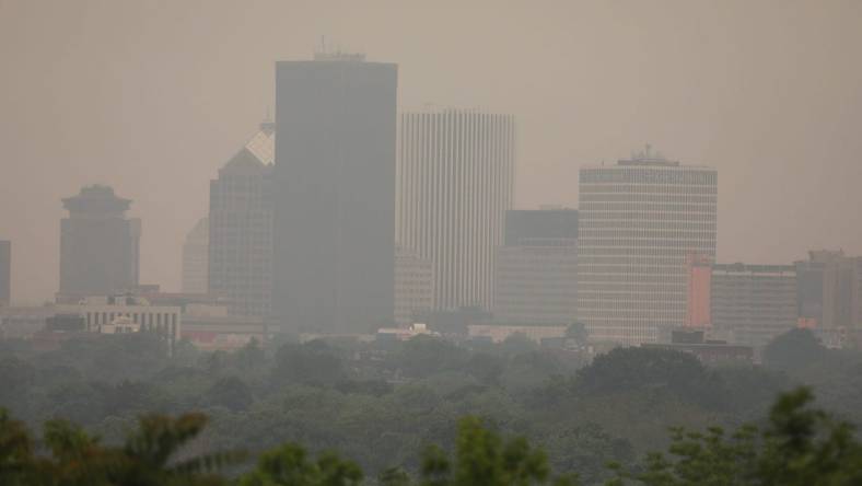 Smog from the wildfires in Canada have been making their way across the upper United States.  The smog obscures some of the Rochester skyline that is normally clearly scene at Cobb Hills Park.