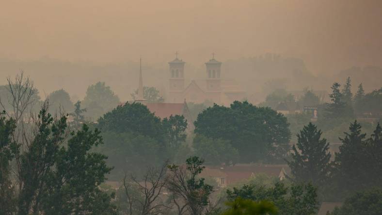 Haze fills the air around Utica, NY on Tuesday, June 6, 2023. Oneida County is under an air quality alert through midnight Tuesday, according to the National Weather Service.