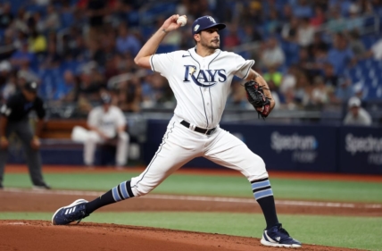 Jun 6, 2023; St. Petersburg, Florida, USA;  Tampa Bay Rays starting pitcher Zach Eflin (24) throws a pitch against the Minnesota Twins during the second inning at Tropicana Field. Mandatory Credit: Kim Klement-USA TODAY Sports