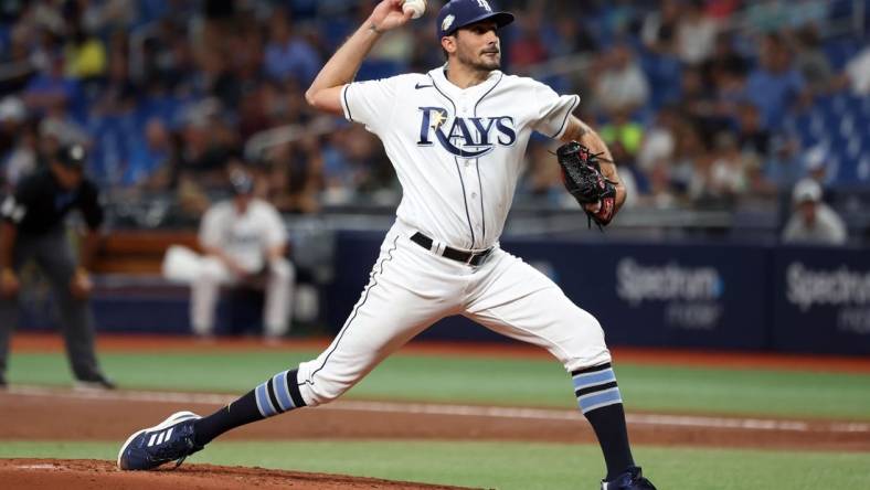 Jun 6, 2023; St. Petersburg, Florida, USA;  Tampa Bay Rays starting pitcher Zach Eflin (24) throws a pitch against the Minnesota Twins during the second inning at Tropicana Field. Mandatory Credit: Kim Klement-USA TODAY Sports