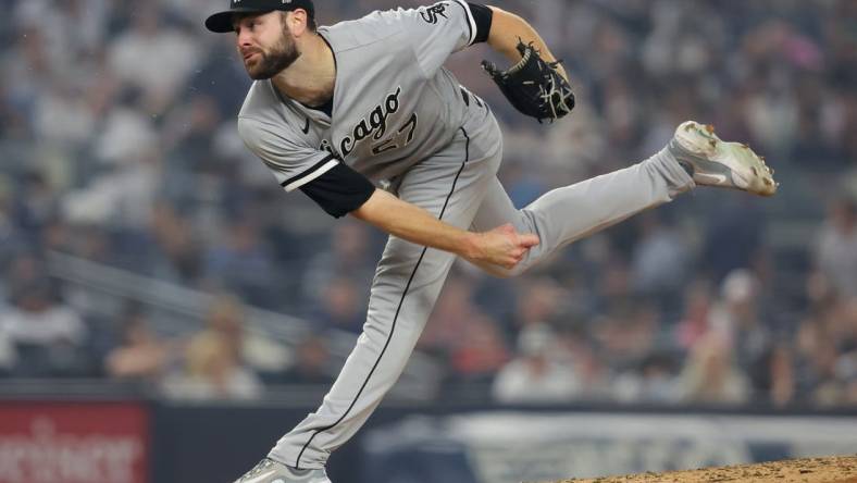 Jun 6, 2023; Bronx, New York, USA; Chicago White Sox starting pitcher Lucas Giolito (27) follows through on a pitch against the New York Yankees during the third inning at Yankee Stadium. Mandatory Credit: Brad Penner-USA TODAY Sports