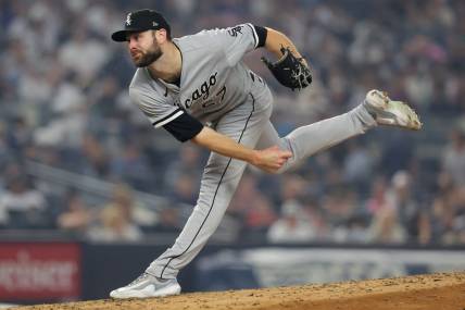 Jun 6, 2023; Bronx, New York, USA; Chicago White Sox starting pitcher Lucas Giolito (27) follows through on a pitch against the New York Yankees during the third inning at Yankee Stadium. Mandatory Credit: Brad Penner-USA TODAY Sports