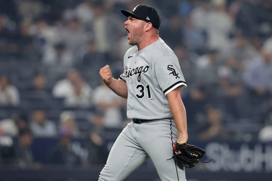 Jun 6, 2023; Bronx, New York, USA; Chicago White Sox relief pitcher Liam Hendriks (31) reacts after getting the final out against the New York Yankees at Yankee Stadium. Mandatory Credit: Brad Penner-USA TODAY Sports
