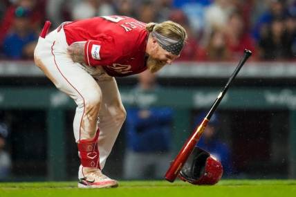 Cincinnati Reds left fielder Jake Fraley (27) reacts after being hit by a pitch in the ninth inning of the MLB National League game between the Cincinnati Reds and the LA Dodgers at Great American Ball Park in downtown Cincinnati on Tuesday, June 6, 2023. The Reds won 9-8 on a walk-off, bases loaded, single off the bat of shortstop Matt McLain (9) in the bottom of the ninth.