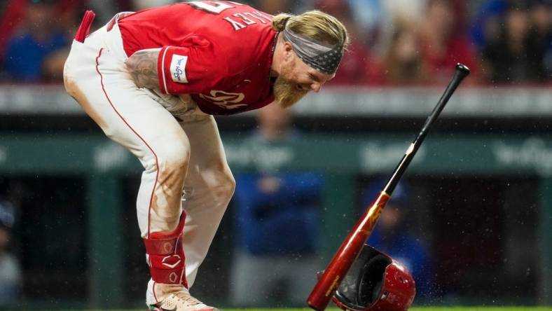 Cincinnati Reds left fielder Jake Fraley (27) reacts after being hit by a pitch in the ninth inning of the MLB National League game between the Cincinnati Reds and the LA Dodgers at Great American Ball Park in downtown Cincinnati on Tuesday, June 6, 2023. The Reds won 9-8 on a walk-off, bases loaded, single off the bat of shortstop Matt McLain (9) in the bottom of the ninth.