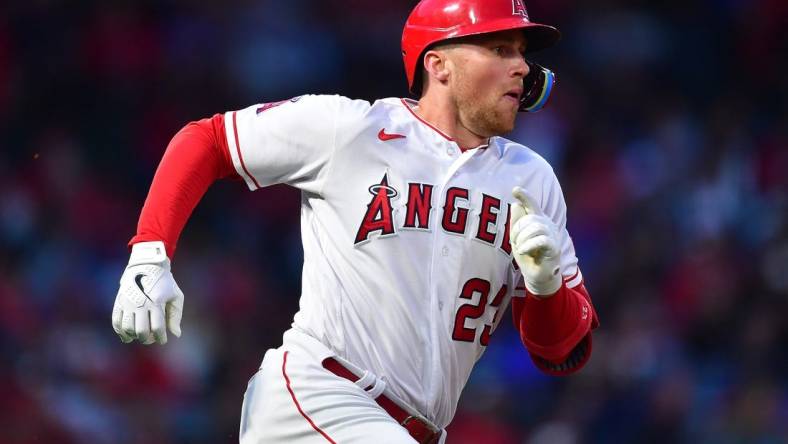 Jun 6, 2023; Anaheim, California, USA; Los Angeles Angels second baseman Brandon Drury (23) runs after hitting a double against the Chicago Cubs during the fifth inning at Angel Stadium. Mandatory Credit: Gary A. Vasquez-USA TODAY Sports