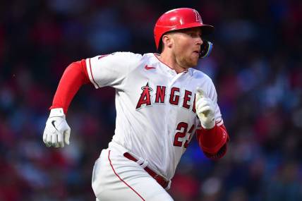 Jun 6, 2023; Anaheim, California, USA; Los Angeles Angels second baseman Brandon Drury (23) runs after hitting a double against the Chicago Cubs during the fifth inning at Angel Stadium. Mandatory Credit: Gary A. Vasquez-USA TODAY Sports