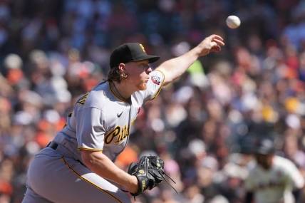 May 29, 2023; San Francisco, California, USA; Pittsburgh Pirates relief pitcher Rob Zastryzny (62) throws a pitch against the San Francisco Giants during the seventh inning at Oracle Park. Mandatory Credit: Darren Yamashita-USA TODAY Sports