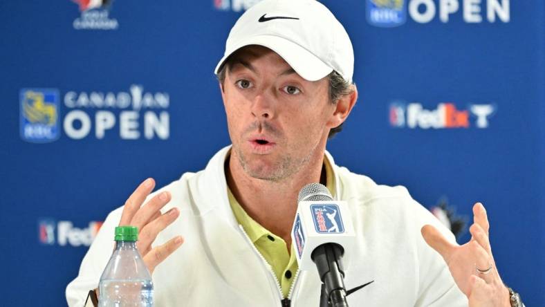 Jun 7, 2023; Toronto, ON, CAN;  Rory McIlroy speaks with the media during press conferences for the RBC Canadian Open golf tournament. Mandatory Credit: Dan Hamilton-USA TODAY Sports