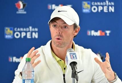 Jun 7, 2023; Toronto, ON, CAN;  Rory McIlroy speaks with the media during press conferences for the RBC Canadian Open golf tournament. Mandatory Credit: Dan Hamilton-USA TODAY Sports