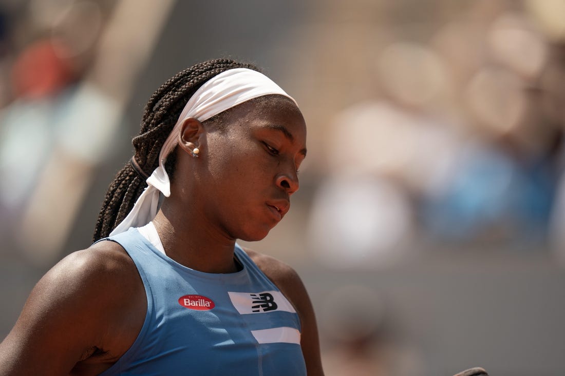 Jun 7 2023; Paris,France; Coco Gauff (USA) during her match against Iga Swiatek (POL) on day 11 at Stade Roland-Garros. Mandatory Credit: Susan Mullane-USA TODAY Sports