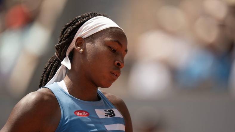 Jun 7 2023; Paris,France; Coco Gauff (USA) during her match against Iga Swiatek (POL) on day 11 at Stade Roland-Garros. Mandatory Credit: Susan Mullane-USA TODAY Sports