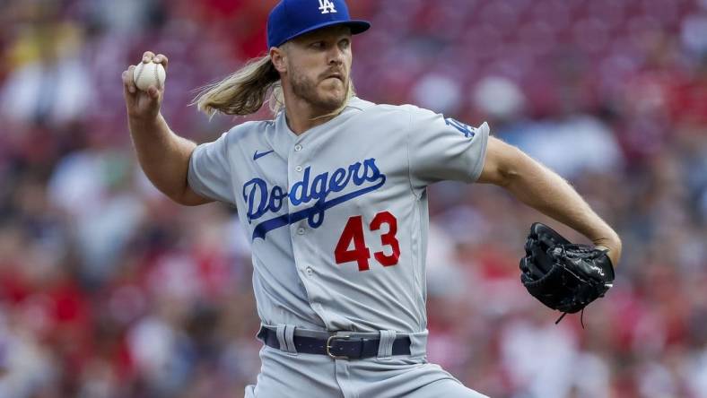 Jun 7, 2023; Cincinnati, Ohio, USA; Los Angeles Dodgers starting pitcher Noah Syndergaard (43) pitches against the Cincinnati Reds in the first inning at Great American Ball Park. Mandatory Credit: Katie Stratman-USA TODAY Sports