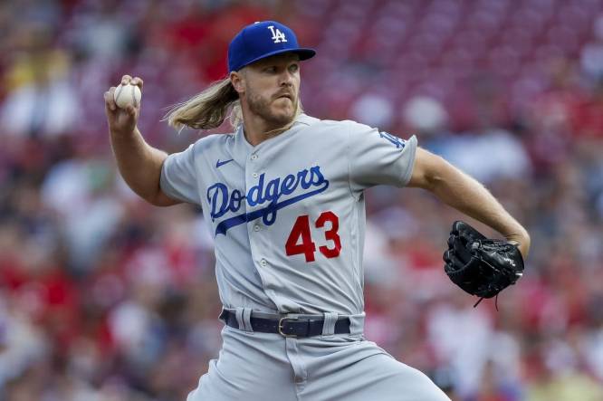 Jun 7, 2023; Cincinnati, Ohio, USA; Los Angeles Dodgers starting pitcher Noah Syndergaard (43) pitches against the Cincinnati Reds in the first inning at Great American Ball Park. Mandatory Credit: Katie Stratman-USA TODAY Sports