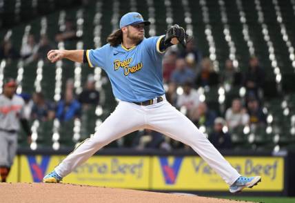 Jun 7, 2023; Milwaukee, Wisconsin, USA; Milwaukee Brewers starting pitcher Corbin Burnes (39) delivers a pitch against the Baltimore Orioles in the first inning at American Family Field. Mandatory Credit: Michael McLoone-USA TODAY Sports