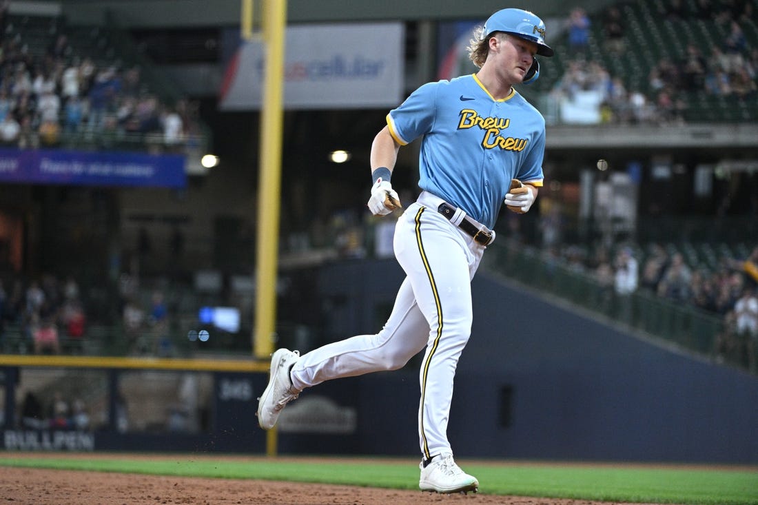 Jun 7, 2023; Milwaukee, Wisconsin, USA; Milwaukee Brewers center fielder Joey Wiemer (28) rounds the bases after hitting a home run against the Baltimore Orioles in the third inning at American Family Field. Mandatory Credit: Michael McLoone-USA TODAY Sports