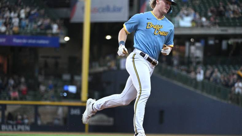 Jun 7, 2023; Milwaukee, Wisconsin, USA; Milwaukee Brewers center fielder Joey Wiemer (28) rounds the bases after hitting a home run against the Baltimore Orioles in the third inning at American Family Field. Mandatory Credit: Michael McLoone-USA TODAY Sports