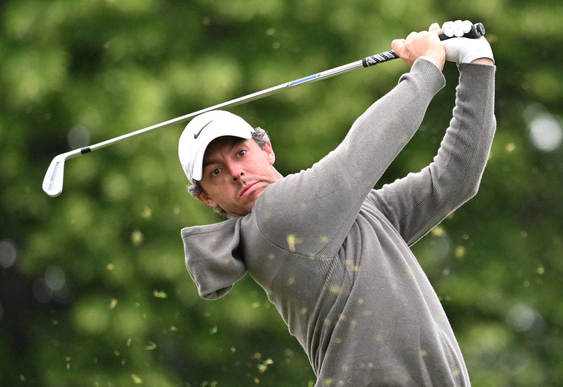 Jun 8, 2023; Toronto, ON, CAN;  Rory McIlroy plays his tee shot on the 10th hole during the first round of the RBC Canadian Open golf tournament. Mandatory Credit: Dan Hamilton-USA TODAY Sports