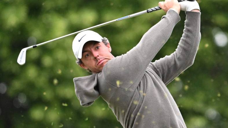 Jun 8, 2023; Toronto, ON, CAN;  Rory McIlroy plays his tee shot on the 10th hole during the first round of the RBC Canadian Open golf tournament. Mandatory Credit: Dan Hamilton-USA TODAY Sports