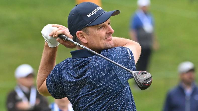 Jun 8, 2023; Toronto, ON, CAN;   Justin Rose plays a shot on the 18th hole during the first round of the RBC Canadian Open golf tournament. Mandatory Credit: Dan Hamilton-USA TODAY Sports