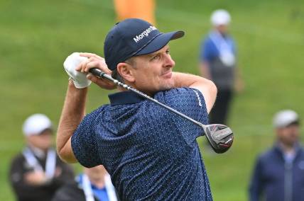 Jun 8, 2023; Toronto, ON, CAN;   Justin Rose plays a shot on the 18th hole during the first round of the RBC Canadian Open golf tournament. Mandatory Credit: Dan Hamilton-USA TODAY Sports