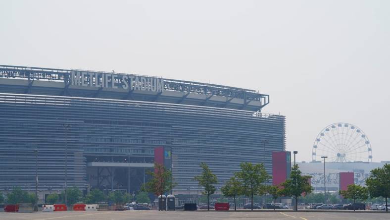 Hazy conditions from the wildfires in Canada are seen around MetLife Stadium after the New York Giants canceled their organized team activities (OTA's) due to air quality issues on Thursday, June 8, 2023, in East Rutherford.