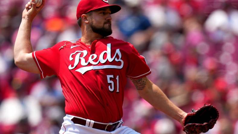 Jun 8, 2023; Cincinnati, Ohio, USA; Cincinnati Reds starting pitcher Graham Ashcraft (51) delivers in the first inning of against the Los Angeles Dodgers at Great American Ball Park. Mandatory Credit: Kareem Elgazzar-USA TODAY Sports