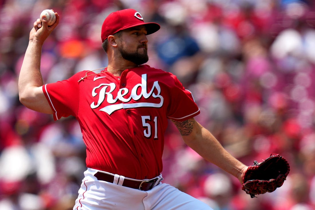 Jun 8, 2023; Cincinnati, Ohio, USA; Cincinnati Reds starting pitcher Graham Ashcraft (51) delivers in the first inning of against the Los Angeles Dodgers at Great American Ball Park. Mandatory Credit: Kareem Elgazzar-USA TODAY Sports