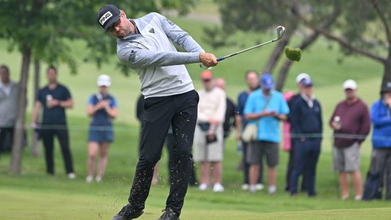 Jun 8, 2023; Toronto, ON, CAN;  Corey Conners plays a fairway shot on the eighth hole during the first round of the RBC Canadian Open golf tournament. Mandatory Credit: Dan Hamilton-USA TODAY Sports