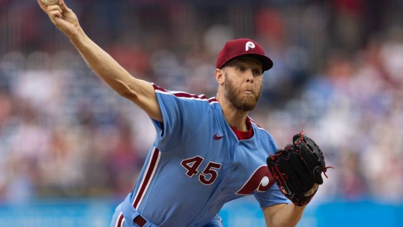 Jun 8, 2023; Philadelphia, Pennsylvania, USA; Philadelphia Phillies starting pitcher Zack Wheeler (45) throws a pitch during the third inning against the Detroit Tigers at Citizens Bank Park. Mandatory Credit: Bill Streicher-USA TODAY Sports