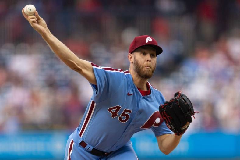 Jun 8, 2023; Philadelphia, Pennsylvania, USA; Philadelphia Phillies starting pitcher Zack Wheeler (45) throws a pitch during the third inning against the Detroit Tigers at Citizens Bank Park. Mandatory Credit: Bill Streicher-USA TODAY Sports