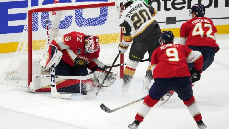 Jun 8, 2023; Sunrise, Florida, USA; Florida Panthers goaltender Sergei Bobrovsky (72) defends the shot attempt by Vegas Golden Knights center Chandler Stephenson (20) during the second period in game three of the 2023 Stanley Cup Final at FLA Live Arena. Mandatory Credit: Jasen Vinlove-USA TODAY Sports