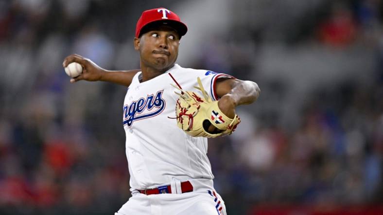 Jun 3, 2023; Arlington, Texas, USA; Texas Rangers relief pitcher Jose Leclerc (25) in action during the game between the Texas Rangers and the Seattle Mariners at Globe Life Field. Mandatory Credit: Jerome Miron-USA TODAY Sports