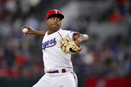 Jun 3, 2023; Arlington, Texas, USA; Texas Rangers relief pitcher Jose Leclerc (25) in action during the game between the Texas Rangers and the Seattle Mariners at Globe Life Field. Mandatory Credit: Jerome Miron-USA TODAY Sports