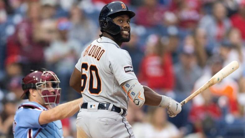 Jun 8, 2023; Philadelphia, Pennsylvania, USA; Detroit Tigers left fielder Akil Baddoo (60) bats against the Philadelphia Phillies at Citizens Bank Park. Mandatory Credit: Bill Streicher-USA TODAY Sports