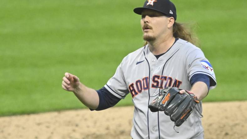 Jun 9, 2023; Cleveland, Ohio, USA; Houston Astros relief pitcher Ryne Stanek (45) reacts in the sixth inning against the Cleveland Guardians at Progressive Field. Mandatory Credit: David Richard-USA TODAY Sports