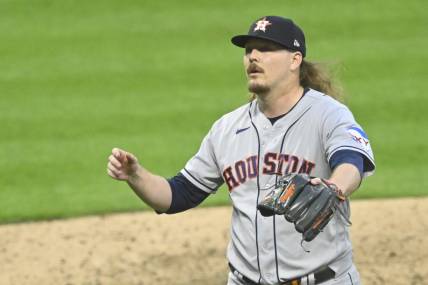Jun 9, 2023; Cleveland, Ohio, USA; Houston Astros relief pitcher Ryne Stanek (45) reacts in the sixth inning against the Cleveland Guardians at Progressive Field. Mandatory Credit: David Richard-USA TODAY Sports