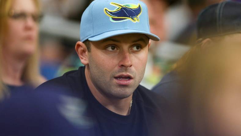 Jun 9, 2023; St. Petersburg, Florida, USA;  Tampa Bay Buccaneers quarterback Baker Mayfield (6) attends an MLB game betewwnt the Texas Rangers and Tampa Bay Rays at Tropicana Field. Mandatory Credit: Nathan Ray Seebeck-USA TODAY Sports