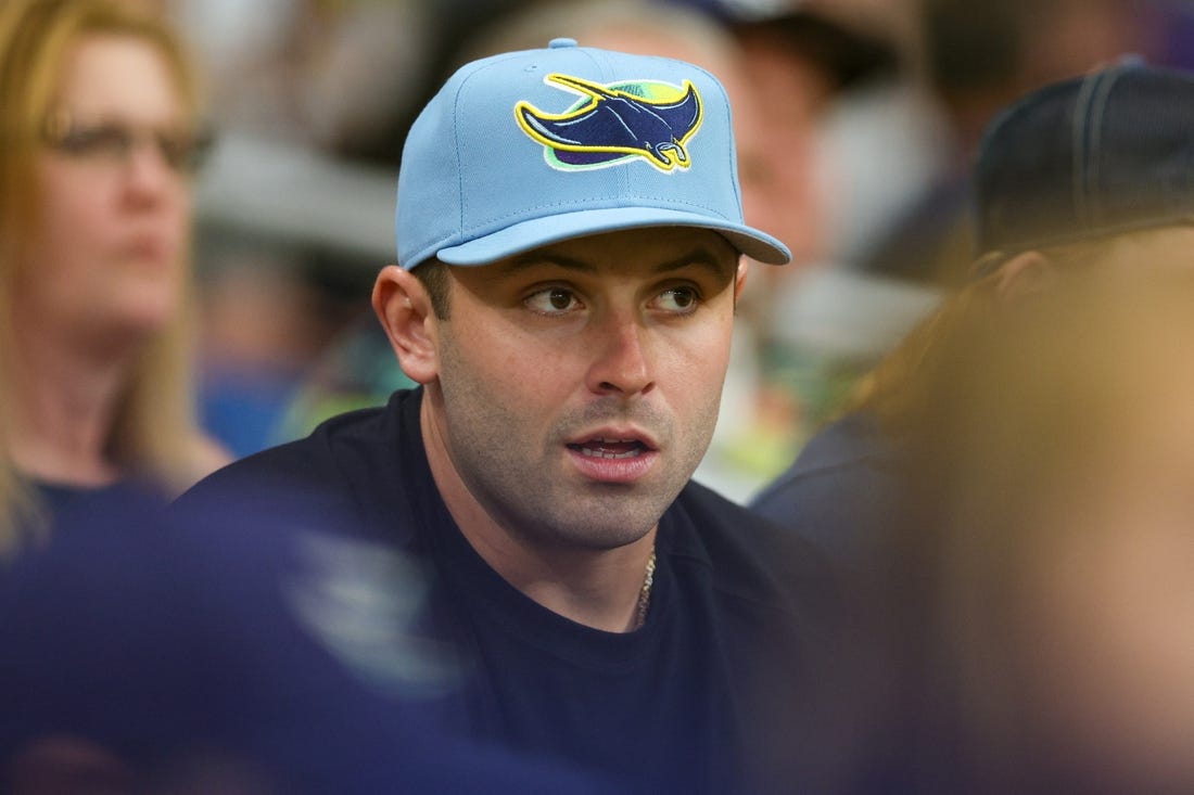 Jun 9, 2023; St. Petersburg, Florida, USA;  Tampa Bay Buccaneers quarterback Baker Mayfield (6) attends an MLB game betewwnt the Texas Rangers and Tampa Bay Rays at Tropicana Field. Mandatory Credit: Nathan Ray Seebeck-USA TODAY Sports