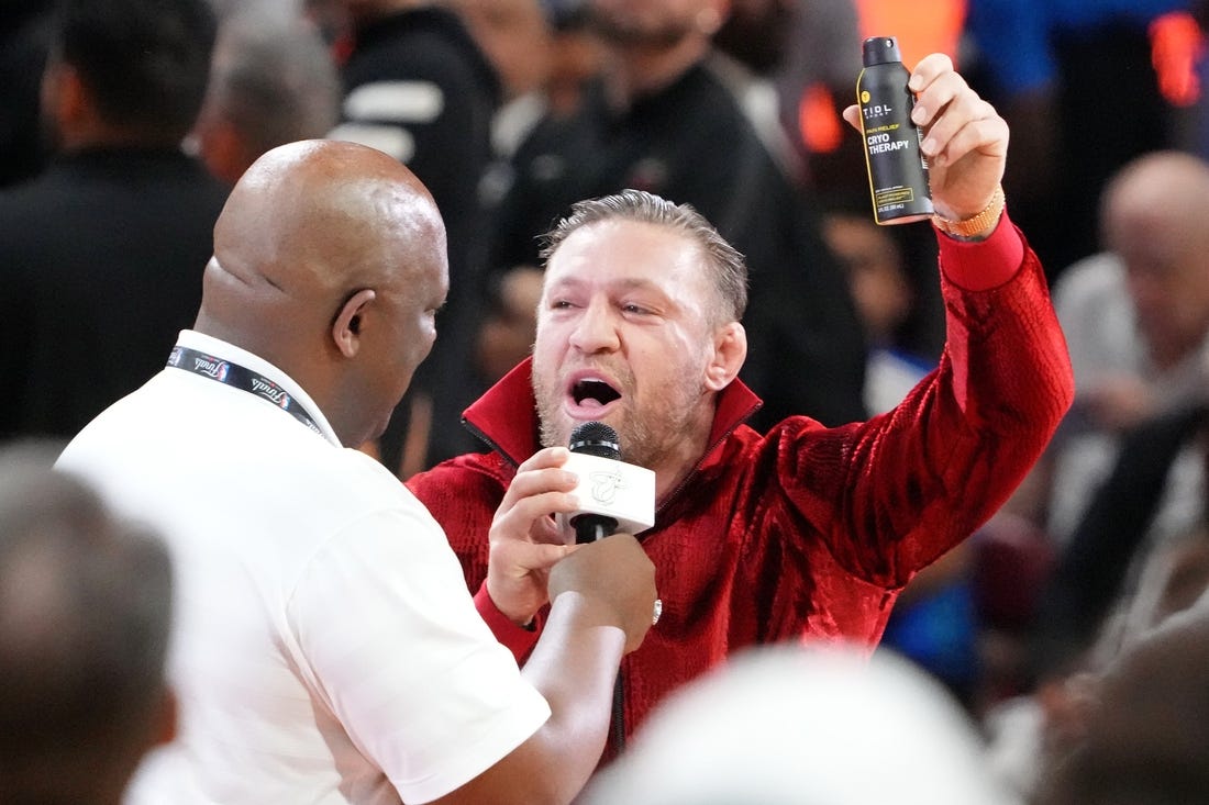 Jun 9, 2023; Miami, Florida, USA; MMA fighter Conor McGregor during halftime in game four of the 2023 NBA Finals between the Miami Heat and Denver Nuggets at Kaseya Center. Mandatory Credit: Kyle Terada-USA TODAY Sports