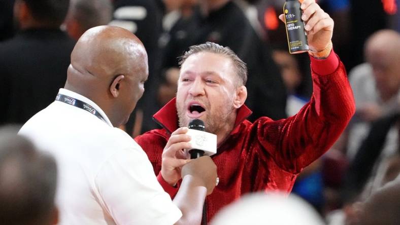 Jun 9, 2023; Miami, Florida, USA; MMA fighter Conor McGregor during halftime in game four of the 2023 NBA Finals between the Miami Heat and Denver Nuggets at Kaseya Center. Mandatory Credit: Kyle Terada-USA TODAY Sports